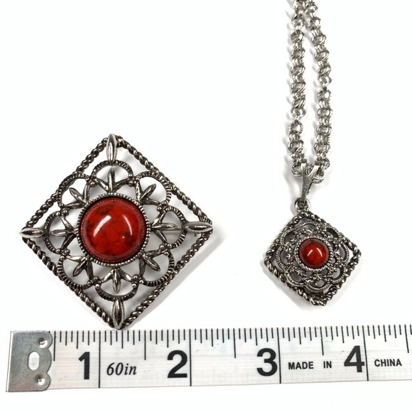 Vtg Sara Coventry Necklace Brooch Inca Fire Deamond 22” Chain 1970’s Pendant Pin - Picture 8 of 8